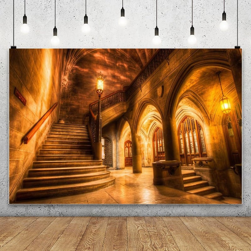 AOFOTO 12x8ft Vintage Medieval Castle Interior Backdrop Retro Archway Columns Photography Background Old Stairway Dim Light Architecture Pillars Photo Studio Props Wedding Artistic Portrait Vinyl - Image 2